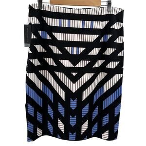 Worthington Pencil Skirt WMNS L Blue Geo Print Stretch Knee Length Vented Office